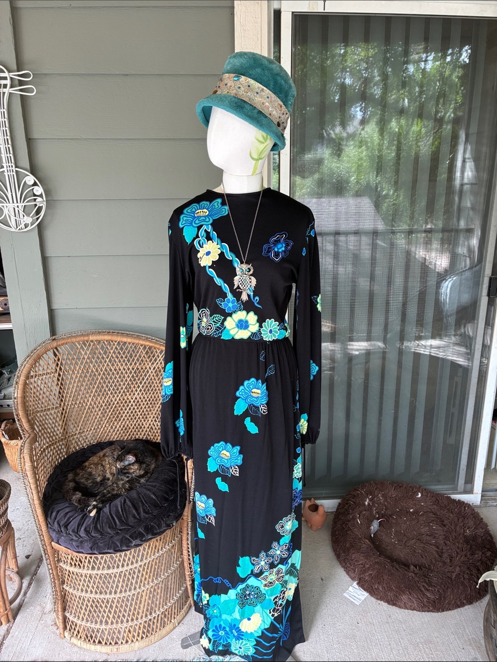 70s Vintage Paganne by Gene Berk Finkels Wilmington Teal Floral Dress Size 8-10
